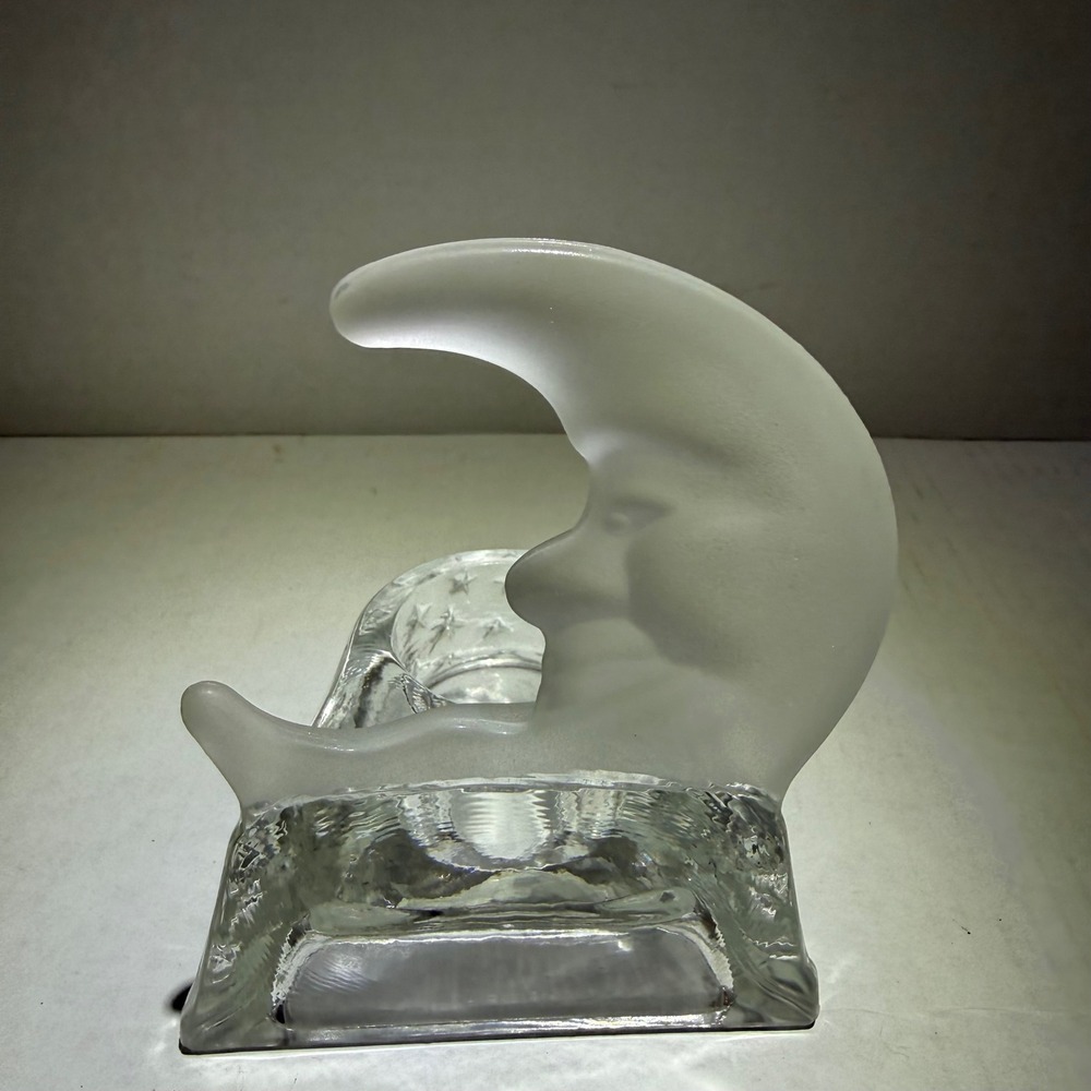 Vintage Frosted Glass Crescent Man in the Moon Star Votive Candle Holder Y2K 90s - Picture 2 of 10